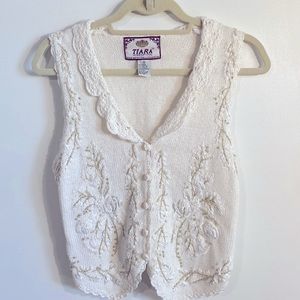 Vintage Tiara International Knitted Vest Womens 90s White With Gold